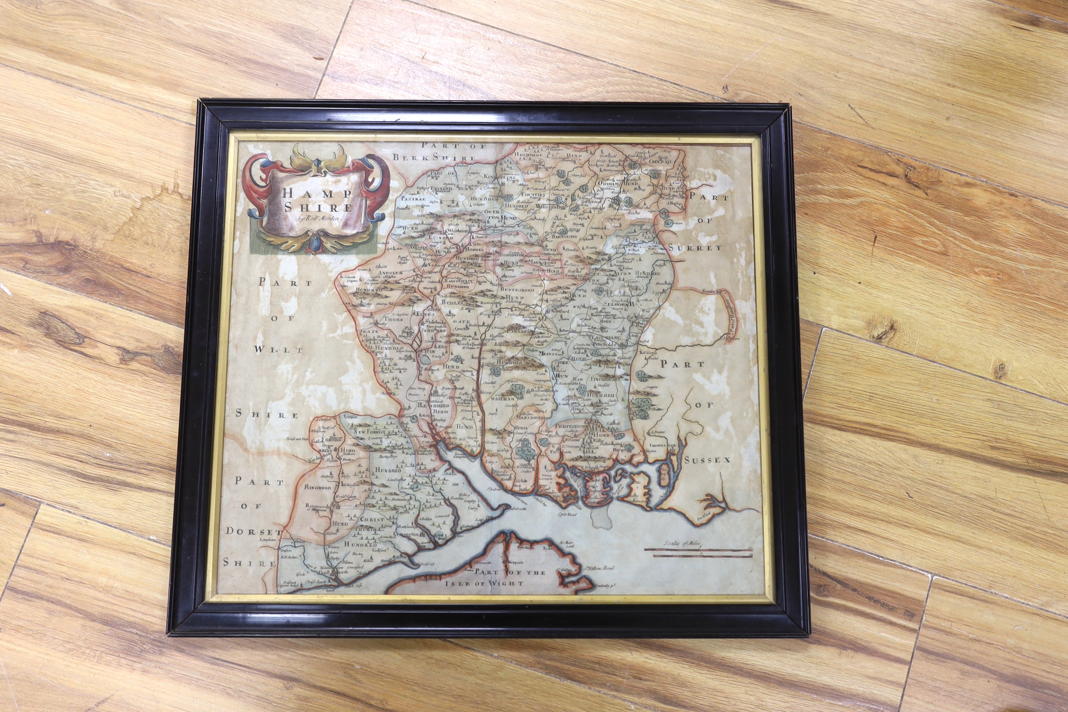 Robert Morden (1650-1703) hand coloured map of Hampshire, 34 x 40cm